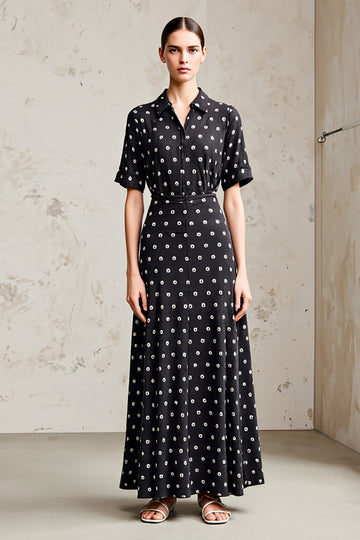 Black Polo Collar A Line Polka Dots Dress